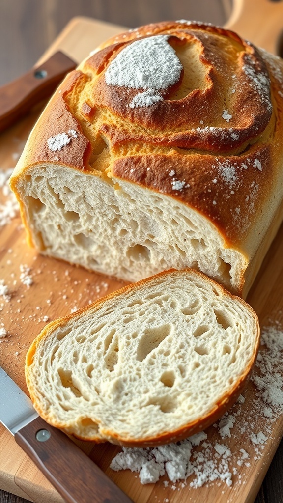Homemade Sourdough Bread Recipe A rustic loaf of sourdough bread with a golden crust and airy crumb, displayed on a wooden board.